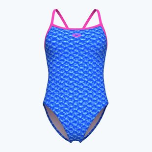 Einteiliger Damen-Badeanzug arena Monogram Challenge Rücken blau river multi/shocking pink
